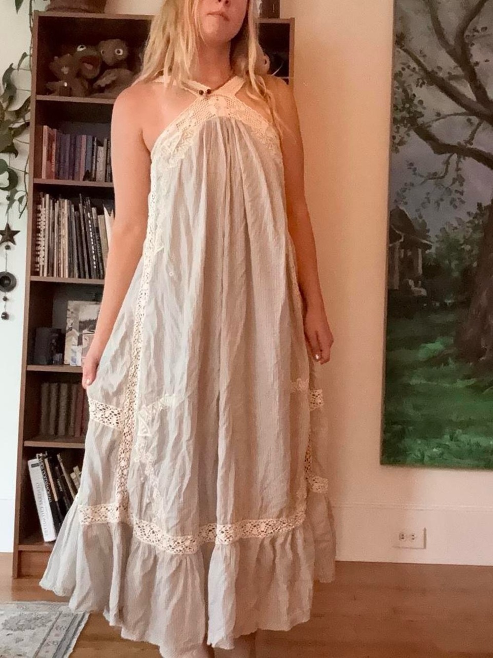 Free people blue & white boho maxi dress with crotchet trim - Picture 6 of 7